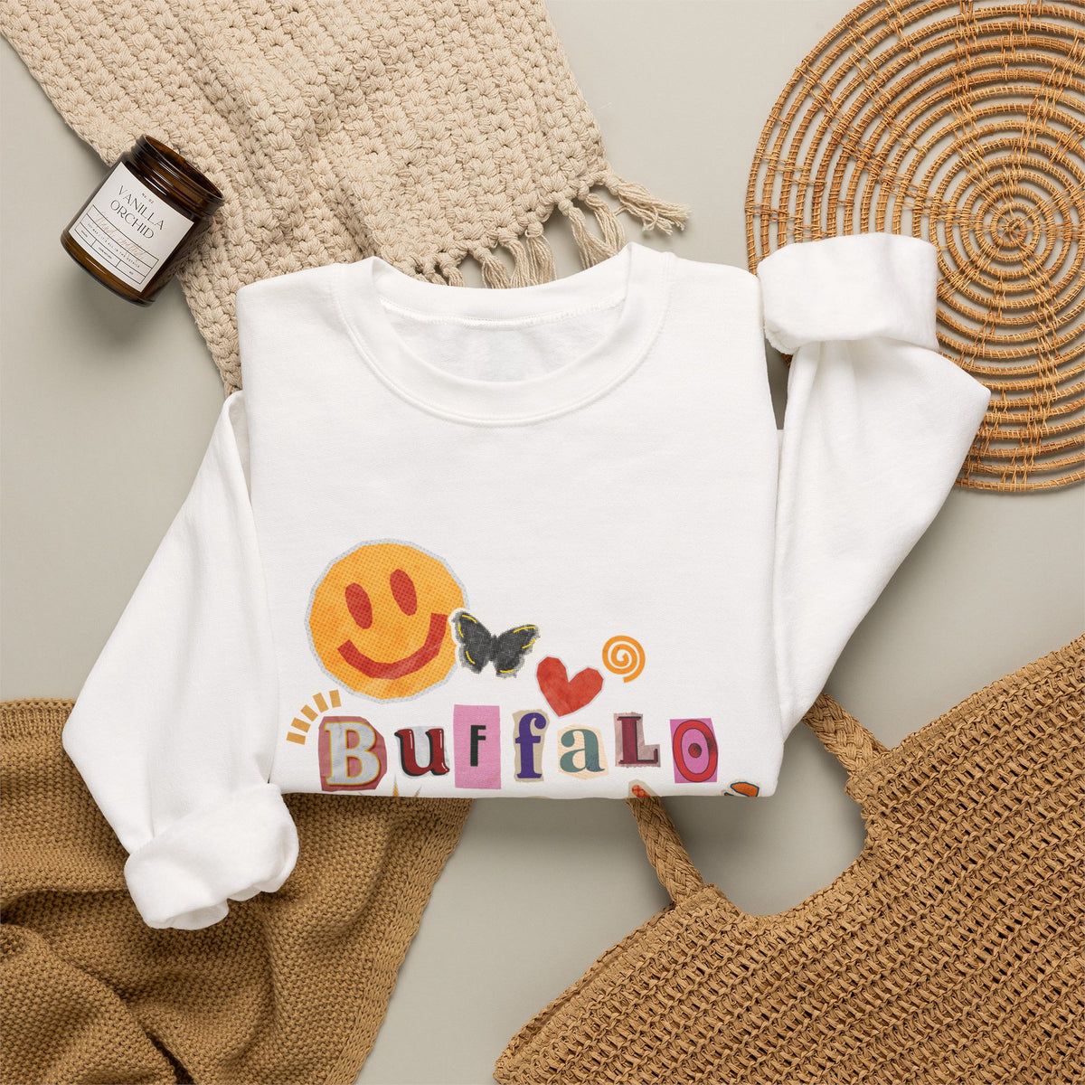 Buffalo Retro Smile Crewneck Sweatshirt — Cute Vintage Smiley Buffalo Design